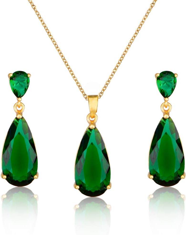 Wedding Jewelry Set for Bridesmaids – Sterling Silver Teardrop CZ Crystal Cubic Zirconia Rhinestone Diamond Bridal Necklace Earrings Set for Bride Mother of Bride Party Prom Birthstone Costume Jewelry