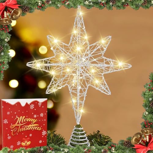 Christbaumspitze Stern, 35cm Silber Stern Weihnachtsbaumspitze &...