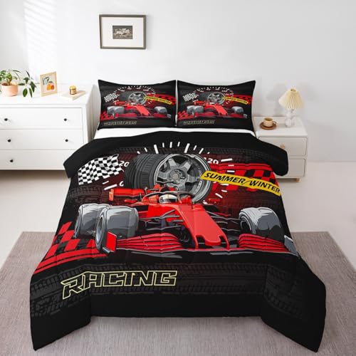 Image of Feelyou Kids Race Car Bedding Set Queen Size, Red Racing Car Duvet Insert Karting Road Comforter Set Boys Girls Teens Bedroom Decor 3Pcs