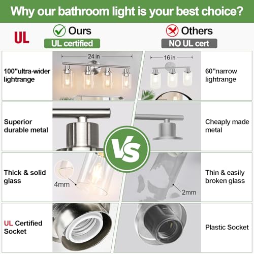 Image of 4-Light Bathroom Light Fixtures, Brushed Nickel Modern Vanity Lights Over Mirror with Clear Glass Shade, Bathroom Wall Lamp for Mirror Kitchen Living Room Hallway Cabinet Porch Bedroom Reading room