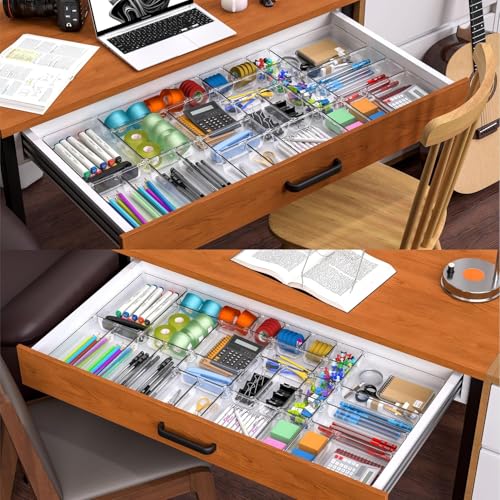 Image of Clear Plastic Drawer Organizers Set, 4 different size Versatile Bathroom and Vanity Drawer Organizer Trays, Storage Bins for Makeup, Bedroom, Kitchen Gadgets Utensils and Office (4 PC SET NEW)