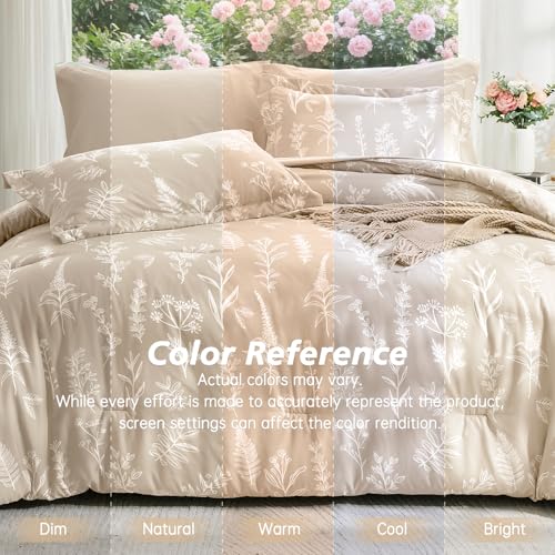 Image of MUXHOMO Beige Bed in a Bag Queen 7 Pieces, Queen Comforter Set Reversible Botanical Flowers Design, Ultra Soft & Breathable Bedding Sets with Comforter, Sheets, Pillowcases & Shams