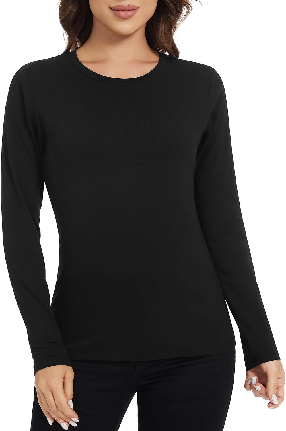 Xelky Womens Cotton Long Sleeve Shirts Workout Round Neck Casual Tops T-Shirt Plain Basic Soild Tee 3 Pack - Image 2