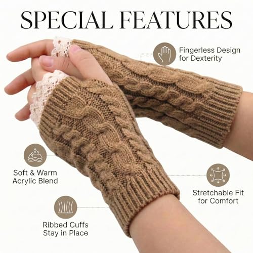 Image of Kraptick Women's Cable Knit Fingerless Gloves - Winter Arm Warmers with Elegant Lace Trim & Thumb Hole - Soft Woolen Thermal Half Finger Mittens for Typing, Driving & Office Work (Free Size, khaki)-1
