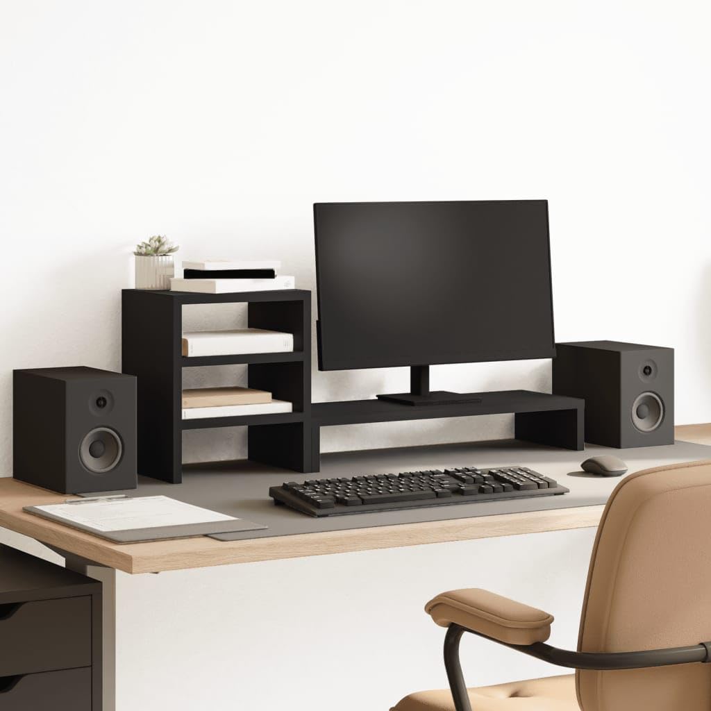 Supporto per monitor con organizer da scrivania in legno nero, 80 x 20 x 30 cm, portata 35 kg, ripiano per ufficio e home office con organizzazione ergonomica