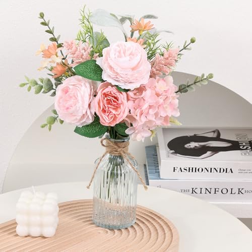 Luckinds Fake Flowers with Vase, Silk Roses Artificial Flowers in Vase, Faux Flower Arrangement with Suitable for Home Office Decoration