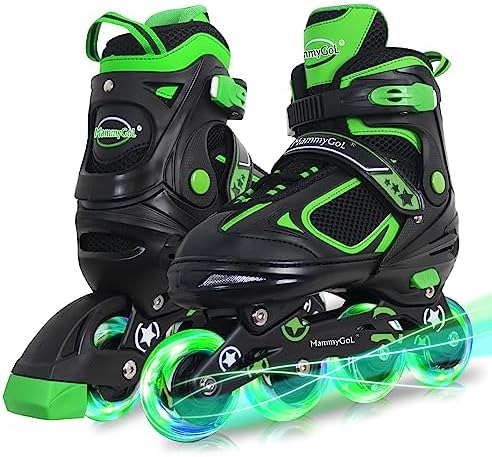 MammyGol Adjustable Inline Skates for Youth Adults with Light up Wheels, Green Beginner Blades Roller Skates for Women Men Size 8 9 10