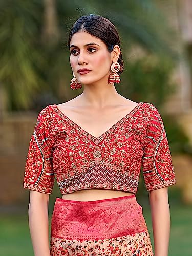 Image of Pujia Mills Mills Women's Fancy Readymade Heavy Coding Embroidary Worked Half Sleeve Multicolor Saree Blouse(Mushroom)