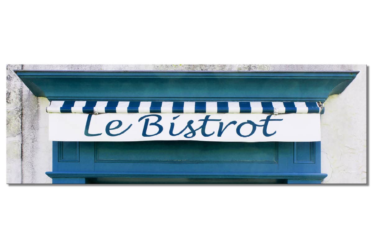Glücksvilla - Bistrot blau (Leinwand-Bild 5 cm, 60 x 20 cm) | div. Maße - aus DE - Kunstdruck XXL Deko Wandbild quer - Bistro Restaurant Bar Frankreich Paris