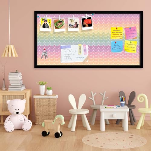 Image of ArtzFolio Wavey | Bulletin Board Notice Pin Board | Vision Soft Board Combo with Thumb Push Pins & Sticky Notes | Black Frame | 24 x 12 inch (61 x 30 cms)