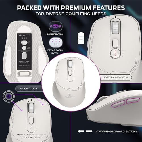Image of Amkette Hush Pro Epic Rechargeable Wireless Mouse /Bluetooth Mouse | 3 Device Connectivity (2xBT&2.4G)| 2400 DPI |Silent Switches| Premium Ergonomic Design Type C Charging | White