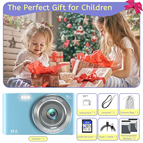 Digital Camera 4K 44Mp Compact Point And Shoot Camera With 16X Digital Zoom 32Gb Sd Card,Kids Camera 2.4 Inch, Vlogging Camera For Teens Students Boys Girls Seniors(Blue2) #TOP1