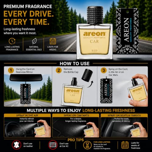 Image of AREON MCP03 Car Perfume 1.7 Fl Oz. (50ml) Glass Bottle Car Air Freshener Spray, RED Scent