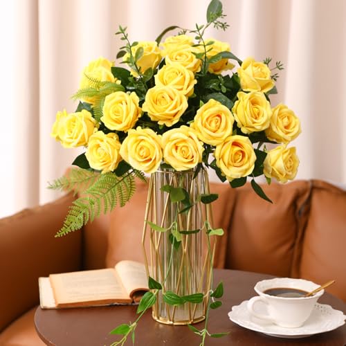 JUSTOYOU 20 PCS Yellow Rose Artificial Flower,Silk Blooming Rose with Stem,Artificial Rose Bouquet Realistic Flower for Home Table Office Party Wedding Garden Arrangements (yellow rose) - Image 3