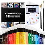 AEM Hi Arts Washable Watercolor Paint Set - 48-Piece Assorted Colors Kit - Includes 24 Tubes, 3 Brushes, 20 Sheets & Palette - Safe Odorless Paints & Carrying Case