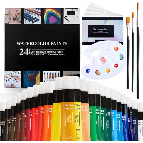 AEM Hi Arts Washable Watercolor Paint Set - 48-Piece Assorted Colors Kit - Includes 24 Tubes, 3 Brushes, 20 Sheets & Palette - Safe Odorless Paints & Carrying Case