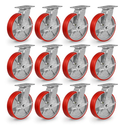 8" Casters, Polyurethane Industrial Caster Wheels Heavy Duty, Top Plate Swivel Casters with Brake(12 Brake)