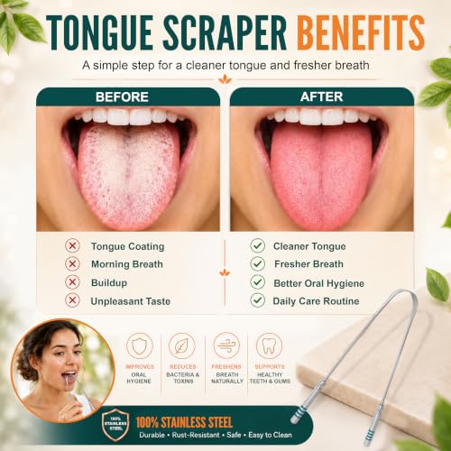 Image of Tongue Scraper for Adults, 1 Pack Stainless Steel Tongue Cleaner Green Handle, Easy to Use Metal Tongue Scrubber with 1 Travel Case & 1 Storage Pouch, Reusable Oral Hygiene Tool for Bad Breath