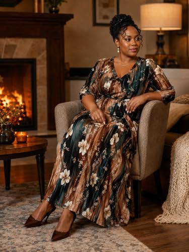 Image of Women's V Neck Floral Maxi Dress 3 /4 Sleeve Plus Size Boho Wrap Flowy Long Dresses with Belt
