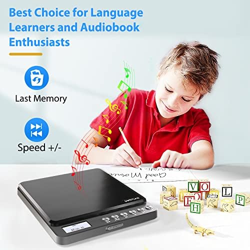 Portable CD Player with Built-in Speakers, Rechargeable CD Player with Double Headphone Jack, Anti-Skip CD Player Personal Compact CD Player for Car & Home & Travel