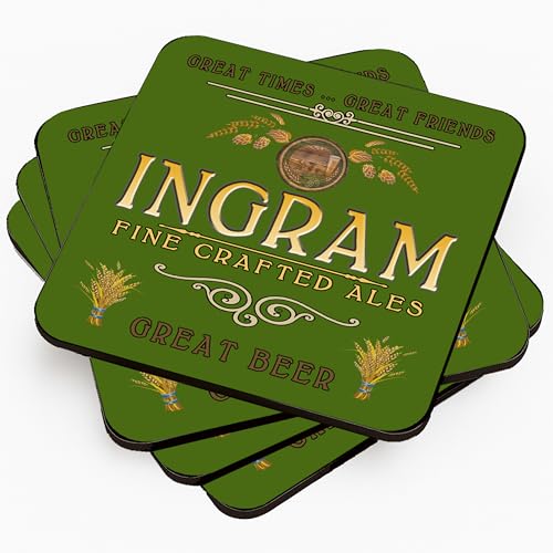 4 Pack Rovelle Rubber Coasters Ingram Family Name Personalized Bar Kitchen Barware - Green Beer