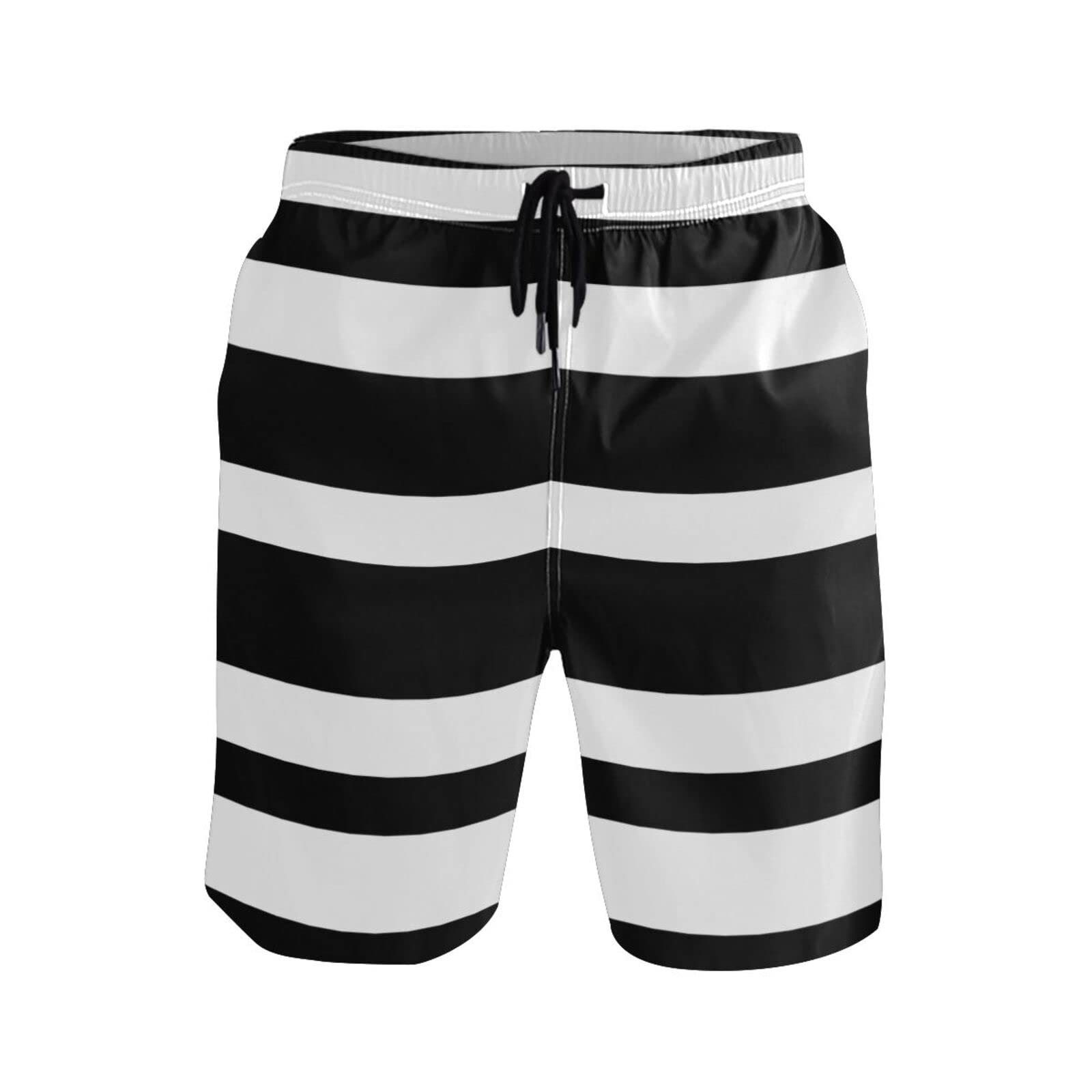 Lsjuee Black White Stripe Mens Swim Trunks Beach Shorts for Men Bathing Suits with Pockets Mens Board Shorts
