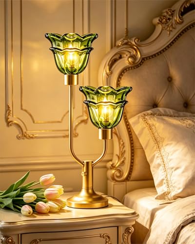 Image of Lightdot Green Glass Flower Table Lamp 2 Bulbs Included Dimmable Vintage | Nightstand Lamp Mid Century Modern Gold Desk Lamp Warmwhite Ambient Bedside Lamp for Living Room Bedroom Home Decor Gift