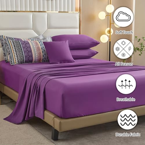 Image of Cottolester Boho Comforter Set Queen Size,8 Piece Bed in a Bag Bohemian Striped Bedding Quilt Set,Purple Paisley Floral Comforter and Sheet Set,Soft Microfiber Complete Bedding Sets for All Season