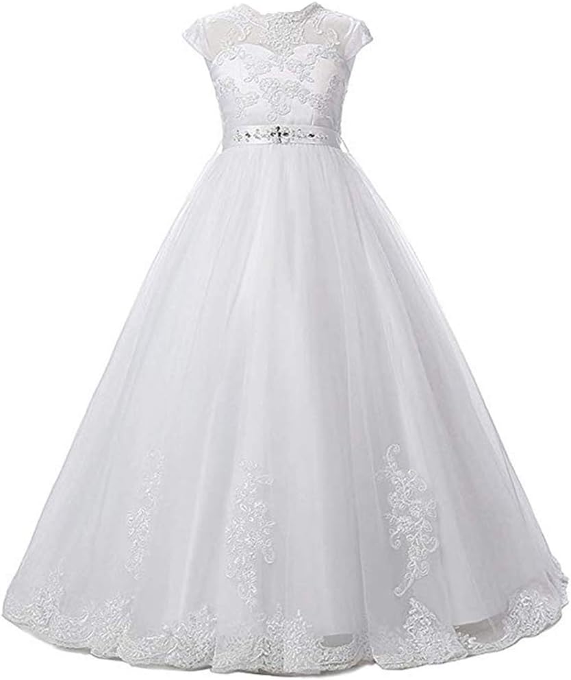 Tulle Lace Flower Girl Dress White, First Communion Dress for Girls Princess Wedding Pageant Dresses, Girls Ball Gown Floor-Length with Back Hole 6, Dresses Sold by LSSAWZH