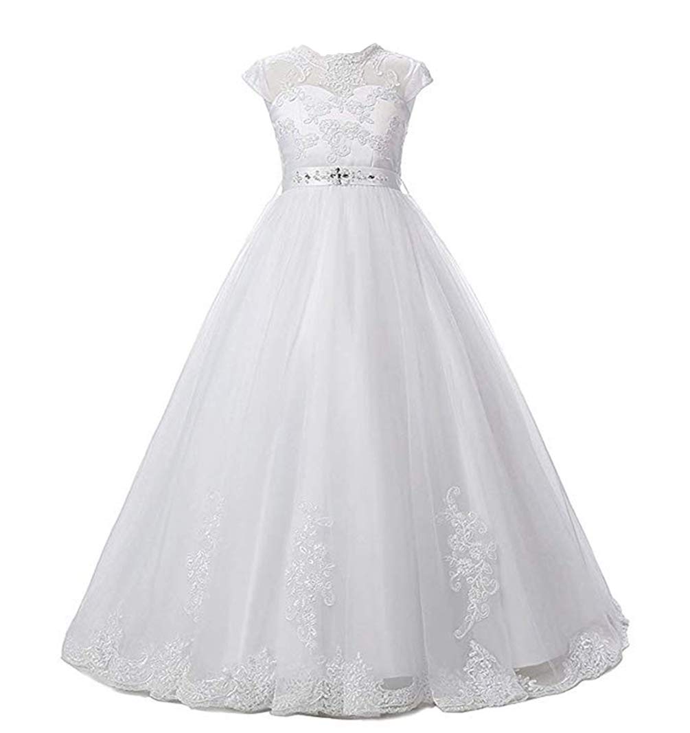 Tulle Lace Flower Girl Dress White, First Communion Dress for Girls Princess Wedding Pageant Dresses, Girls Ball Gown Floor-Length with Back Hole 6, Dresses Sold by LSSAWZH