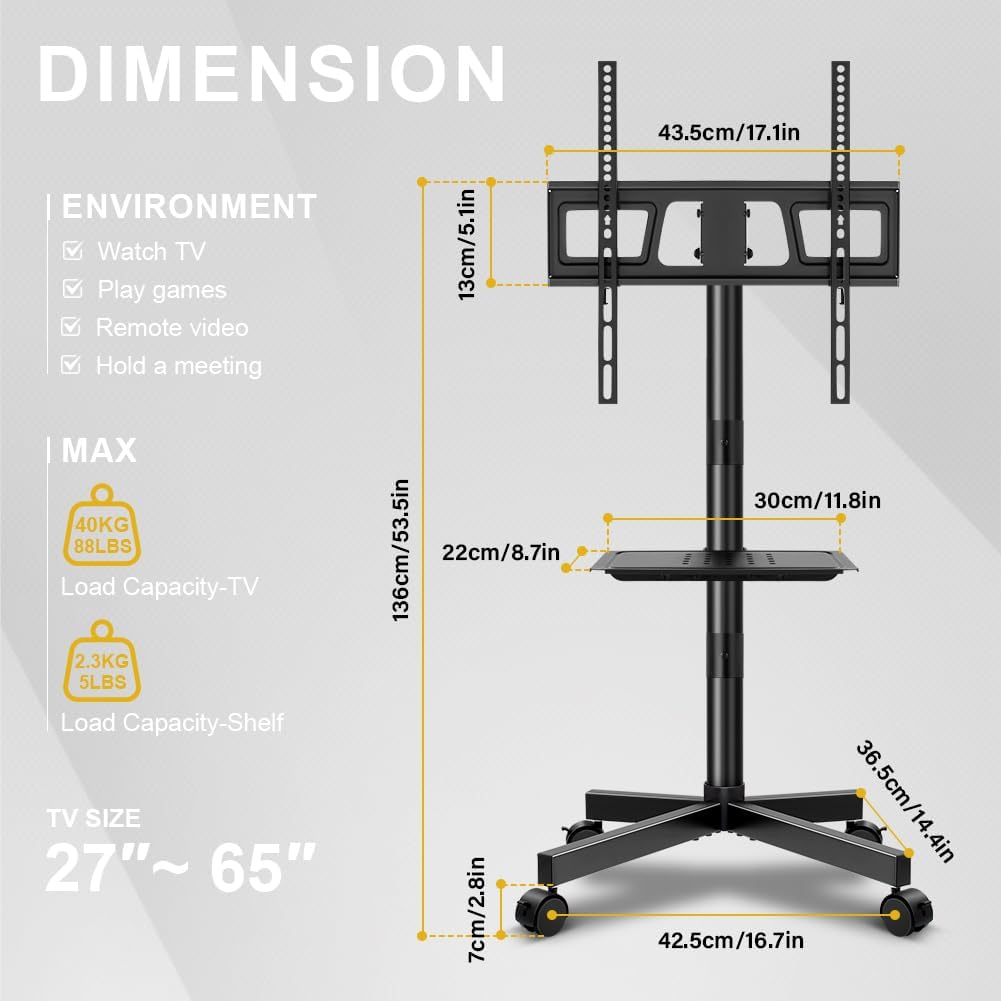 Mobile TV Cart Rolling TV Stand for 23-65 Inch LCDLED Flat Panel Curved Screen TVs up to 88lbs Height Adjustable Shelf Portable Floor TV Stand with Wheels Rolling Floor Stand Max VESA 400X400mm