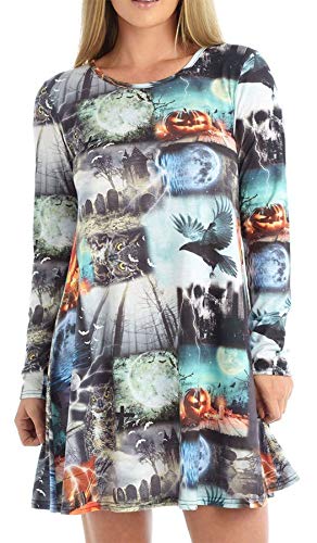 Preisvergleich Produktbild FASHION FAIRIES Damenkleid, langärmelig, Rosenkerze, Halloween-Aufdruck, ausgestellt, Swing-Kleid Gr. 38-40, Krähen-Kürbis-Print