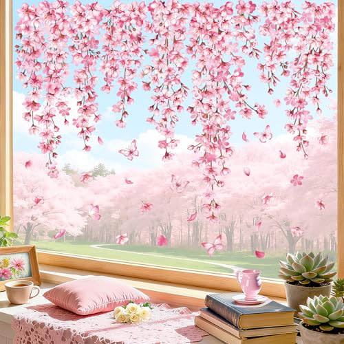 decalmile Fensterbilder Frühling Kirschblüte Rebe Fensteraufkleber Hängende Blumen Rosa Fenster Abziehbilder Pflanze Schmetterling Anti-Kollision Fenstersticker Glas Fensterdeko Aufkleber