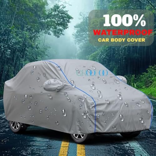 Image of GROOFOO Waterproof Car Body Cover with Mirror Pockets Compatible with Toyota Glanza | Triple Stitch Blue Piping Car Cover UV & Dust Proof All-Weather Protection, Adjustable Buckle (Grey)