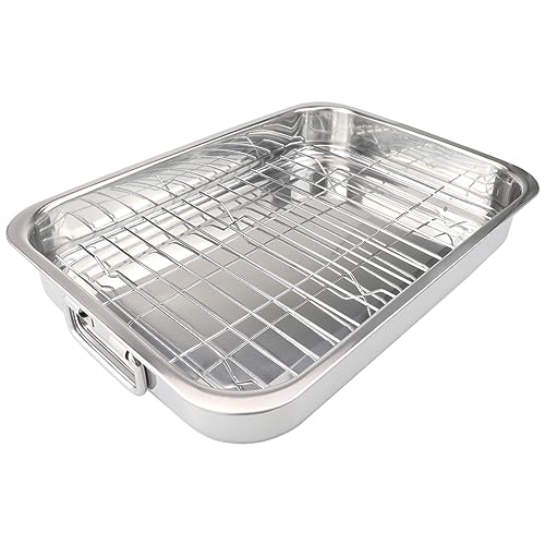 Roasting Pan with Rack Stainless Steel Roaster Pan Tray Rectangular Baking Pan BBQ Bakeware Quarter Sheet with Handles for Baking Cooking (23.5x17.5x5CM)