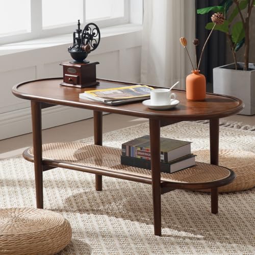 Ya-Home Wood Frame Coffee Table with Rattan Shelf, Cocktail Snack Tea Center Table for Living Room/Bedroom/Office, Walnut