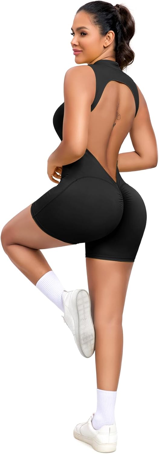 Workout Jumpsuit Zip Up Rompers Open Back Bottom Shorts Bodysuit Bodycon Sexy One Piece Sleeveless V Back Scrunch Yoga Gym - Image 6
