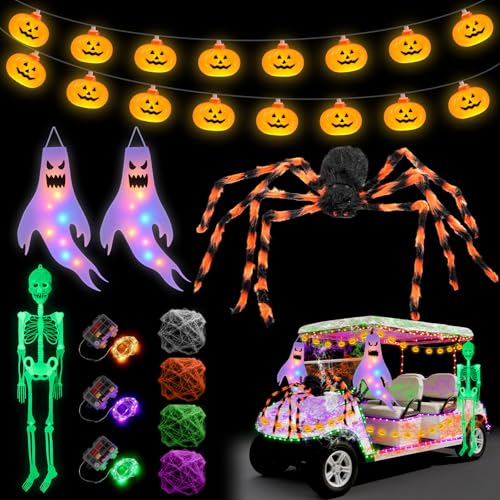 Crowye 12 Pcs Halloween Golf Cart Decoration Kit 4spider Cotton 1flower Spider 2ghost Duct 1luminou Skeleton 1 Pumpkin Light String 3 3a Battery Box Light String for Halloween Glow in Dark Accessories