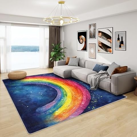 Phtbz Rainbow Rug - Rainbow Rug 8x10, 5x8 ft Washable Non-Slip Stain Resistant Multicolor Area Rug, Watercolor Carpet for Living Room, Bedroom, Rainbow Home Decor & Gifts Cover