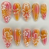 24Pcs Flower Press on Nails Medium Almond Fake Nails 3D Floral with Gold Pearl Rhinestones Glitter Glossy Design Orange Full Cover Stick on Nails Spring Summer False Nails for Women Acrylic Nails