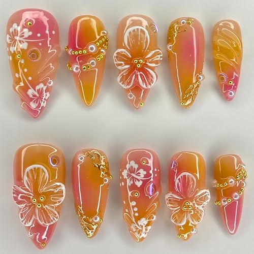 24Pcs Flower Press on Nails Medium Almond Fake Nails 3D Floral with Gold Pearl Rhinestones Glitter Glossy Design Orange Full Cover Stick on Nails Spring Summer False Nails for Women Acrylic Nails