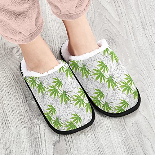 OTVEE Marijuana Weed Hemp Green Leaf Unisex Slipper Coral Fleece House Slipper Anti-Skid Indoor Socks House Shoes for Men and Women-L3
