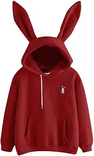 Cute Rabbit Embroidery Hoodie for Womens Long Sleeve Rabbit Hooded Sweatshirt Pullover Tops Blouse (Wine Red, S)