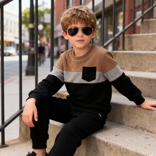 Image of Kid Toddler Boy Clothes Color Block Sweatshirt and Casual Pants 2Pcs Boys Fall Winter Outfits 1-5T