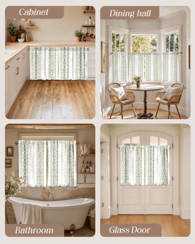 Image of Miss Adola Boho Kitchen Curtains - 36 Inch Length Linen Blend Green Floral Cafe Curtains Farmhouse Tier Curtain Short Drapes Rod Pocket for Bathroom Living Room Windows Light Filtering, 2 Panels