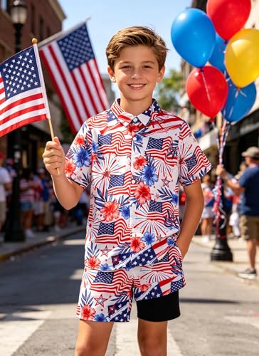 Image of UNICOMIDEA Boys 4th of July Outfits Kids Patriotic Independence Day Tropical Short Sets for 5-12 Years