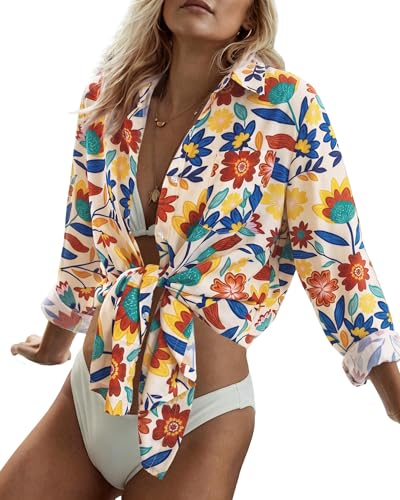 Image of Bsubseach Women Long Sleeve Button Down Shirts Blouses Swim Beach Cover Up