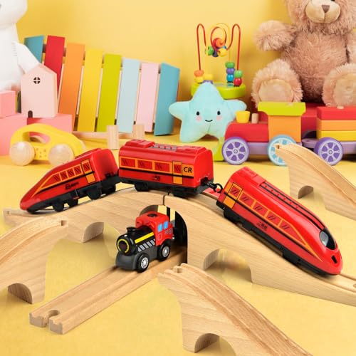Image of Mototo 2 Pack Wooden Train Bridge Track Wood Train Track Accessories Wooden Track Expansion Wooden Railway Bridge Compatible with Most Toy Train Railroads for Girls Boys Birthdays