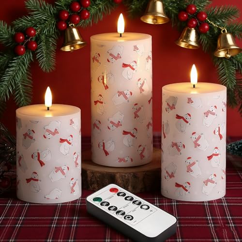 Eywamage Bear Winter Christmas LED Pillar Candles with Remote Set of 3