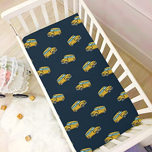 Image of School Bus Cartoon Crib Sheets Soft Breathable Fitted Baby Playard Sheets Mattress Cover for Girl Boys, 39 inch x 27 inch x 5 inch